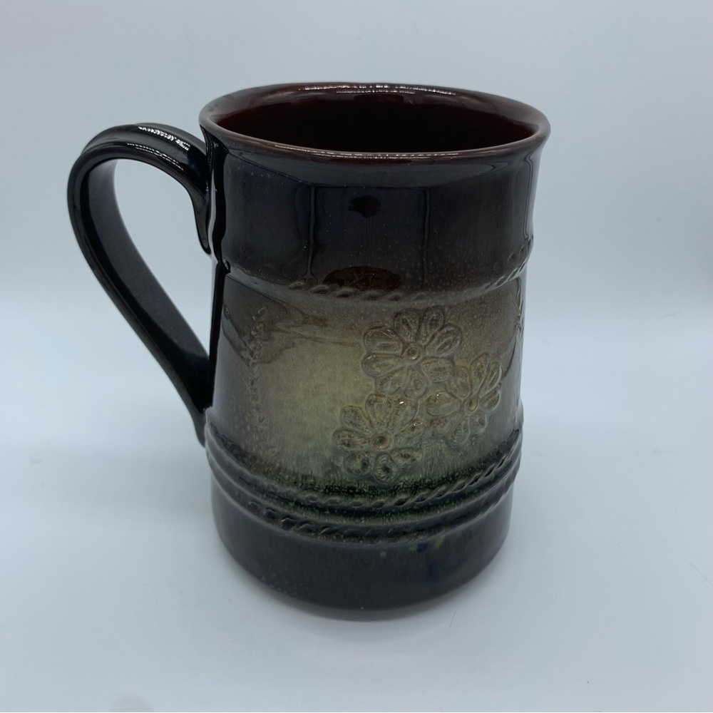 Vintage Redware Pottery Green Brown Glaze Large Flower Stein Coffee Tea Mug